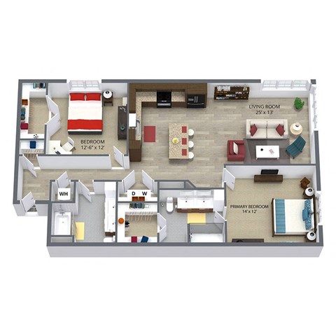 Floor plan for 2 beds, 2 baths, 1184 sqft